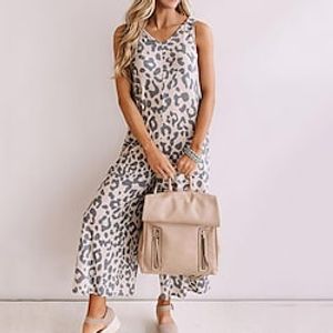 Women's Jumpsuit Pocket Print Leopard V Neck Active Street Holiday Regular Fit Sleeveless Brown S M L Spring Lightinthebox