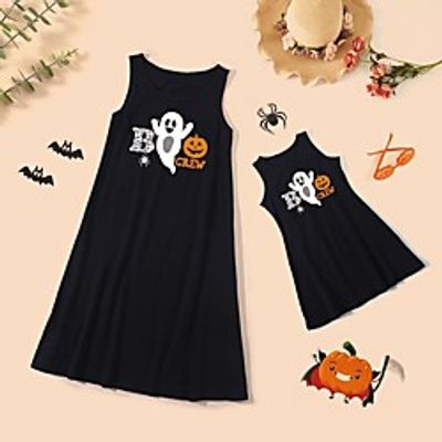 Mommy and Me Halloween Dresses Cotton Cartoon Pumpkin Ghost Print Black Sleeveless Knee-length Cute Matching Outfits  Long Lightinthebox