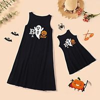 Mommy and Me Halloween Dresses Cotton Cartoon Pumpkin Ghost Print Black Sleeveless Knee-length Cute Matching Outfits  Long Lightinthebox - thumbnail