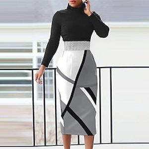 Women's Work Dress Bodycon Sheath Dress Midi Dress Black Red Gray Long Sleeve Geometric Print Winter Fall Spring Stand Collar Fashion Office 2023 S M L XL XXL 3XL miniinthebox