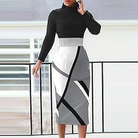 Women's Work Dress Bodycon Sheath Dress Midi Dress Black Red Gray Long Sleeve Geometric Print Winter Fall Spring Stand Collar Fashion Office 2023 S M L XL XXL 3XL miniinthebox - thumbnail