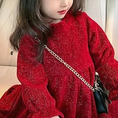 Kids Girls' Dress Solid Color Long Sleeve Casual Adorable Daily Polyester Midi Velvet Dress Casual Dress Spring Fall Winter 2-8 Years Red Lightinthebox