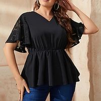 Women's Plus Size Tops Blouse Shirt Plain Lace Short Sleeve V Neck Elegant Casual Daily Going out Polyester Spring Summer Black miniinthebox - thumbnail