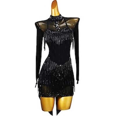 Latin Dance Dress Rhinestone Tassel Women's Performance Training Long Sleeve High Spandex Tulle Lightinthebox