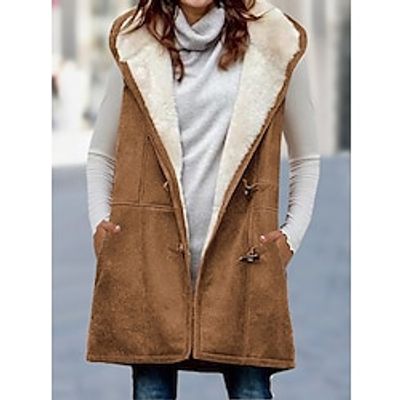 Women's Suede Vest Fleece Lined Sherpa Vest Sleeveless Winter Jacket Hooded Gilet Thermal Warm Heated Jacket Shearling Coat Fall Windproof Loose Fit Outerwear Long Sleeve Coffee Lightinthebox