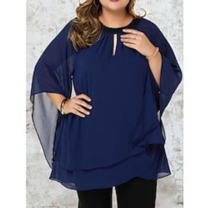 Women's Plus Size Tops Blouse Plain Hollow Out 34 Length Sleeve Crew Neck Fashion Modern Vacation Going out Polyester Winter Fall Dark Blue Lightinthebox