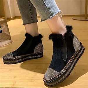 Women's Sneakers Boots Plus Size High Top Sneakers Outdoor Daily Booties Ankle Boots Rhinestone Flat Heel Round Toe Sporty Plush Casual Running Walking Faux Fur Faux Suede Lace-up Solid Color Black miniinthebox