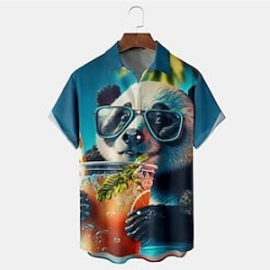 Men's Shirt Summer Hawaiian Shirt Panda Graphic Prints Turndown Black Yellow Light Green Black  Brown Red Street Casual Short Sleeves Button-Down Print Clothing Apparel Tropical Fashion Streetwear Lightinthebox