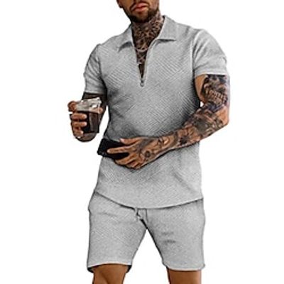 Men's Golf Shirt Polo Set Casual Holiday Lapel Quarter Zip Short Sleeve Fashion Basic Plain Quarter Zip Summer Regular Fit Black White Pink Blue Green Beige Golf Shirt Lightinthebox