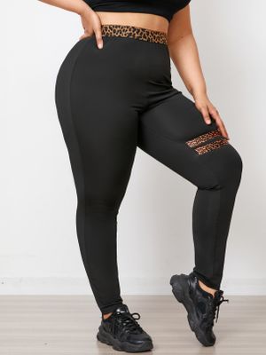 YOINS Plus Size Black Leopard Patchwork Leggings YOINS Plus Size Black Leopard Patchwork Leggings