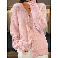 Women's Cardigan Sweater Jumper Ribbed Knit Regular Button Solid Color V Neck Stylish Casual Daily Going out Fall Winter Pink Red S M L miniinthebox - thumbnail