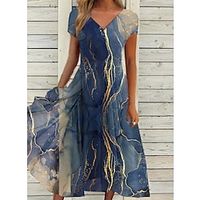 Women's Casual Dress Sundress Midi Dress Blue Short Sleeve Abstract Print Spring Summer V Neck Fashion Daily Vacation Weekend 2022 S M L XL XXL 3XL Lightinthebox - thumbnail