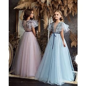 Wedding Party A-Line Flower Girl Dresses Jewel Neck Floor Length Chiffon Tulle Spring Summer with Appliques Pure Color Cute Girls' Party Dress Fit 3-16 Years Lightinthebox