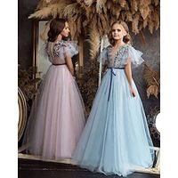 Wedding Party A-Line Flower Girl Dresses Jewel Neck Floor Length Chiffon Tulle Spring Summer with Appliques Pure Color Cute Girls' Party Dress Fit 3-16 Years Lightinthebox - thumbnail