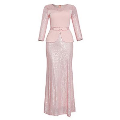 Women's Sheath Dress Maxi long Dress Yellow Blushing Pink Wine Green Navy Blue 3/4 Length Sleeve Solid Color Sequins Fall Round Neck Elegant 2021 L XL XXL 3XL / Party Dress miniinthebox