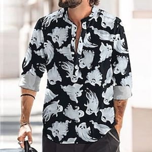 Ghost Gothic Men's Shirt Linen Shirt Daily Wear Going out Weekend Fall  Winter V Neck Long Sleeve Black S, M, L Slub Fabric Shirt Lightinthebox