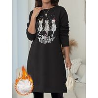 Women's Christmas Dress Sweatshirt Dress Mini Dress Sherpa Fleece Lined Warm Christmas Going out Weekend Crewneck Print Cat Letter Regular Fit Black Blue Gray S M L XL XXL Lightinthebox - thumbnail