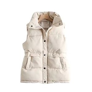 Women's Winter Jacket Vest Gilet Outdoor Street Daily Winter Fall Regular Coat Stand Collar Regular Fit Windproof Warm Streetwear Casual Jacket Sleeveless Solid Color Pocket Full Zip Red Beige Black miniinthebox