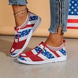 Women's Sneakers Flats Slip-Ons Plus Size Flyknit Shoes Daily American Flag Flat Heel Round Toe Casual Preppy Walking Cloth Loafer Red Lightinthebox