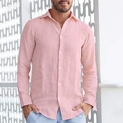 Men's Shirt Linen Shirt Button Up Shirt Beach Shirt Pink Long Sleeve Plain Lapel Spring   Fall Casual Daily Clothing Apparel Lightinthebox