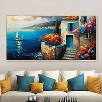 Original Seaside Mediterranean Handpainted Oil Painting On Canvas Large Wall Art Abstract Blue Seascape Art Painting Living room Home Decor No Frame Lightinthebox - thumbnail