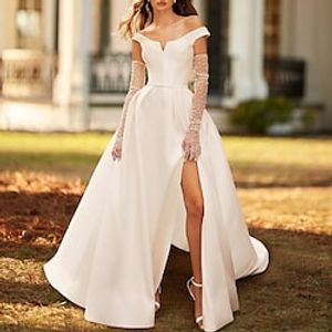 A-Line Wedding Dresses Chapel Train Casual Sleeveless Off Shoulder Satin With Beading Split Front 2023 Bridal Gowns Lightinthebox