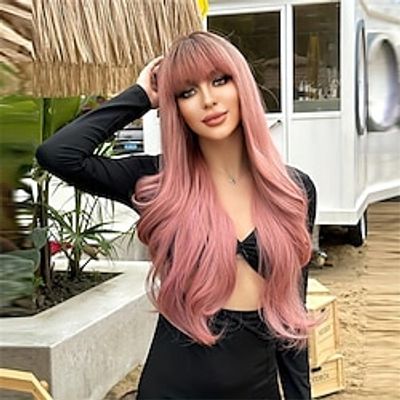 28 Inch Pink Long Wavy Hair Wigs Synthetic Fiber Hair Wigs With Bangs For Women For Daily Halloween Party Wear Christmas Party Wigs Lightinthebox 28 Inch Pink Long Wavy Hair Wigs Synthetic Fiber Hair Wigs With Bangs For Women For Daily Halloween Party Wear Christmas Party Wigs Lightinthebox