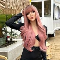 28 Inch Pink Long Wavy Hair Wigs Synthetic Fiber Hair Wigs With Bangs For Women For Daily Halloween Party Wear Christmas Party Wigs Lightinthebox - thumbnail