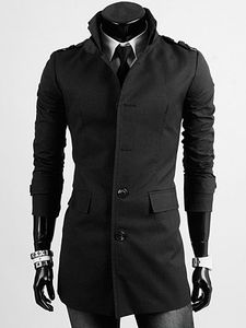 High Neck Flap Pocket Plain Men Trench Coat