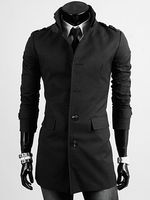 High Neck Flap Pocket Plain Men Trench Coat - thumbnail