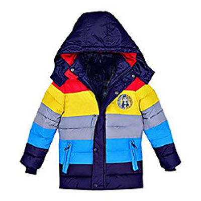kids colorful striped quilted zip button up detachable hood down jacket, darkblue 6 Lightinthebox