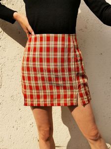 Red Slit Design Plaid High-Waisted Mini Skirt