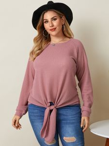 Plus Size Crew Neck Tie-up Design Long Sleeves Tee