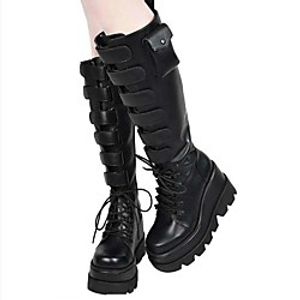 Women's Boots Platform Round Toe Knee High Boots PU Lace-up Solid Colored Black Lightinthebox