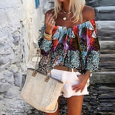 Women's Shirt Red Purple Green Graphic Lace up Print Long Sleeve Holiday Weekend Streetwear Casual Off Shoulder Regular S miniinthebox