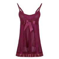 Women Sexy Lace Tulle Transparent Sleepwear Bowknot Spaghetti Strap Babydolls Nightdress - thumbnail