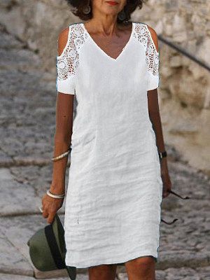 Lace V-neck Cotton Linen Short Dress Lace V-neck Cotton Linen Short Dress