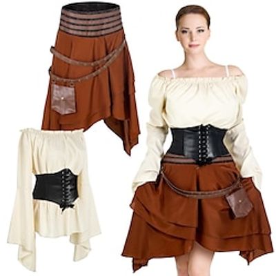3 Pcs Medieval Renaissance Outfits Costumes Shirt Blouse Steapunk Skirt Pirate Corset Viking LARP Party Cosplay Costume Lightinthebox