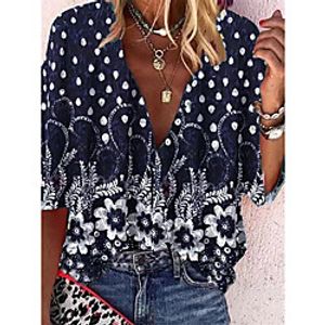 Women's Floral Theme Blouse Shirt Floral Print Shirt Collar Tops Navy Blue miniinthebox