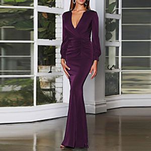 Women's Bodycon Maxi long Dress Green Black Purple Wine Dusty Blue Brown Long Sleeve Pure Color Ruched Fall Winter V Neck Stylish Work Elegant Party 2022 S M L XL XXL 3XL / Party Dress miniinthebox