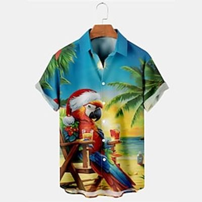 Coconut Tree Parrot Hawaiian Men's Shirt Outdoor Christmas Street Fall Turndown Short Sleeve Royal Blue Blue Sky Blue S M L Shirt Lightinthebox
