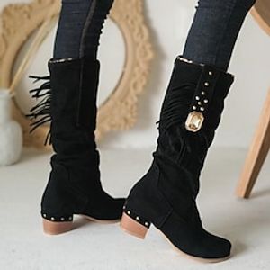 Women's Boots Suede Shoes Slouchy Boots Plus Size Home Daily Mid Calf Boots Winter Rivet Chunky Heel Pointed Toe Vintage Fashion Comfort PU Zipper Solid Color Black Light Grey Brown miniinthebox
