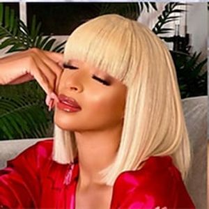 613 Honey Blonde Machine Made Bob Wig With Bangs Human Hair Capless Wig 150% Density Straight Short Brazilian Human Hair Non Lace Front Wig For Black Women Lightinthebox