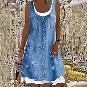 Women's A Line Dress Knee Length Dress Blue Sleeveless Butterfly Print Fall Round Neck Casual 2021 S M L XL XXL 3XL 4XL 5XL miniinthebox