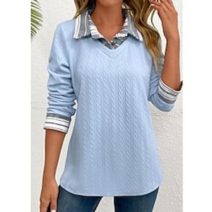 Women's Shirt Blouse Textured Plain Blue Print Long Sleeve Casual Fashion Shirt Collar Regular Fit Spring   Fall Lightinthebox