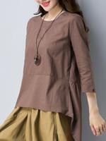 Casual Solid Long Sleeve O-Neck Swallowtail Tops For Women