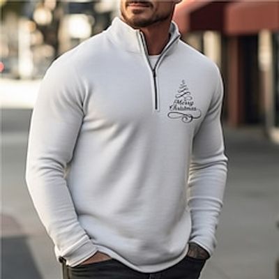 Letter Christmas Tree Casual Men's Print Zipper Knitting Ugly Christmas Sweater Pullover Sweater Jumper Zip Sweater Outdoor Daily Vacation Christmas Long Sleeve Stand Collar Sweaters White Navy Blue Lightinthebox