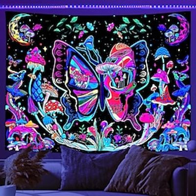 Blacklight Tapestry UV Reactive Trippy Butterfly Mushroom Plants Wall Hanging for Living Room miniinthebox
