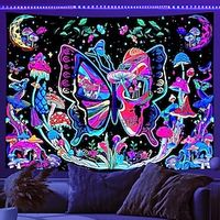 Blacklight Tapestry UV Reactive Trippy Butterfly Mushroom Plants Wall Hanging for Living Room miniinthebox - thumbnail