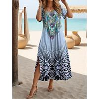 Women's Casual Dress Summer Dress Boho Chic Dresses Graphic Split Print Crew Neck Long Dress Maxi Dress Bohemia Vintage Vacation Beach Short Sleeve Summer Lightinthebox